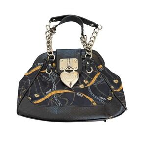 XOXO Heart Lock Mini Satchel Bag Womens Y2K Black Chain Print Equestrian